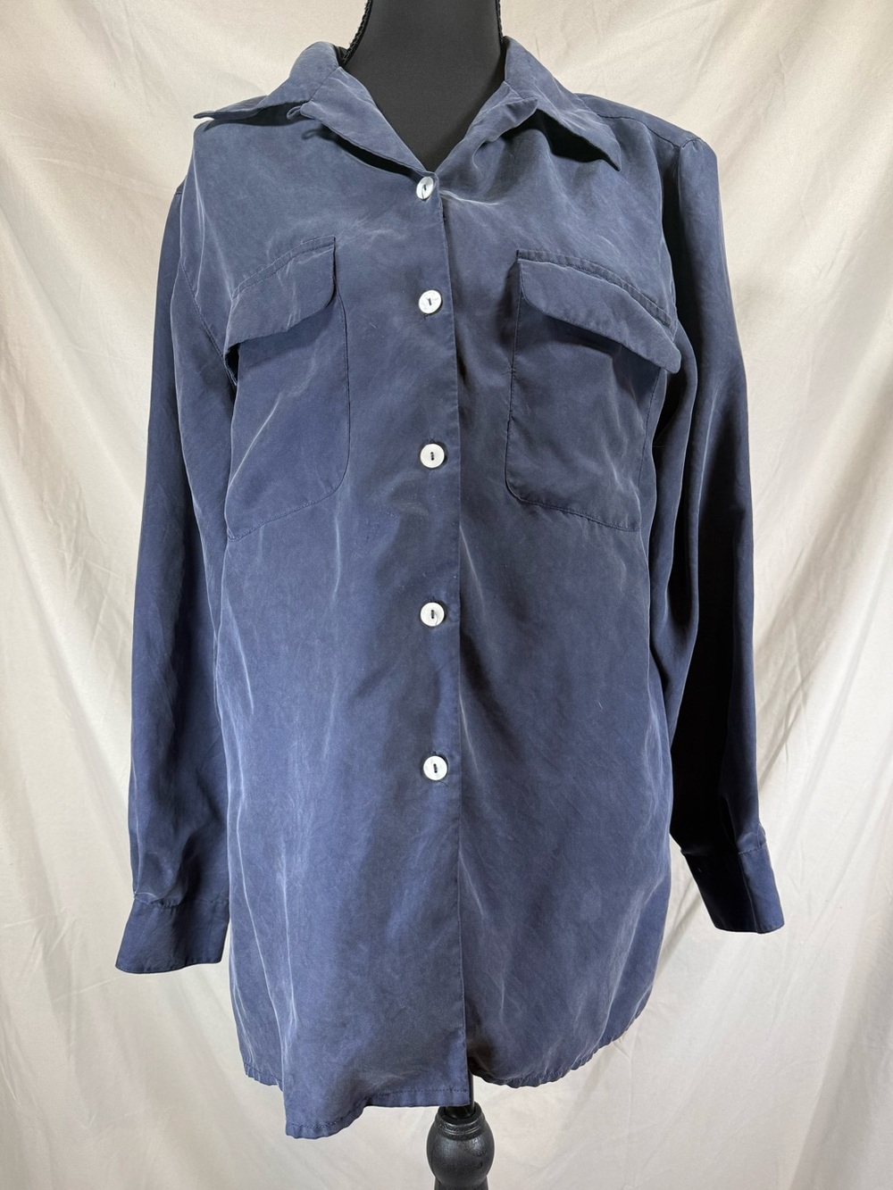 Vintage 1980s Dress Barn Pure Silk Button-Up‎ Blouse - Navy Blue- Medium